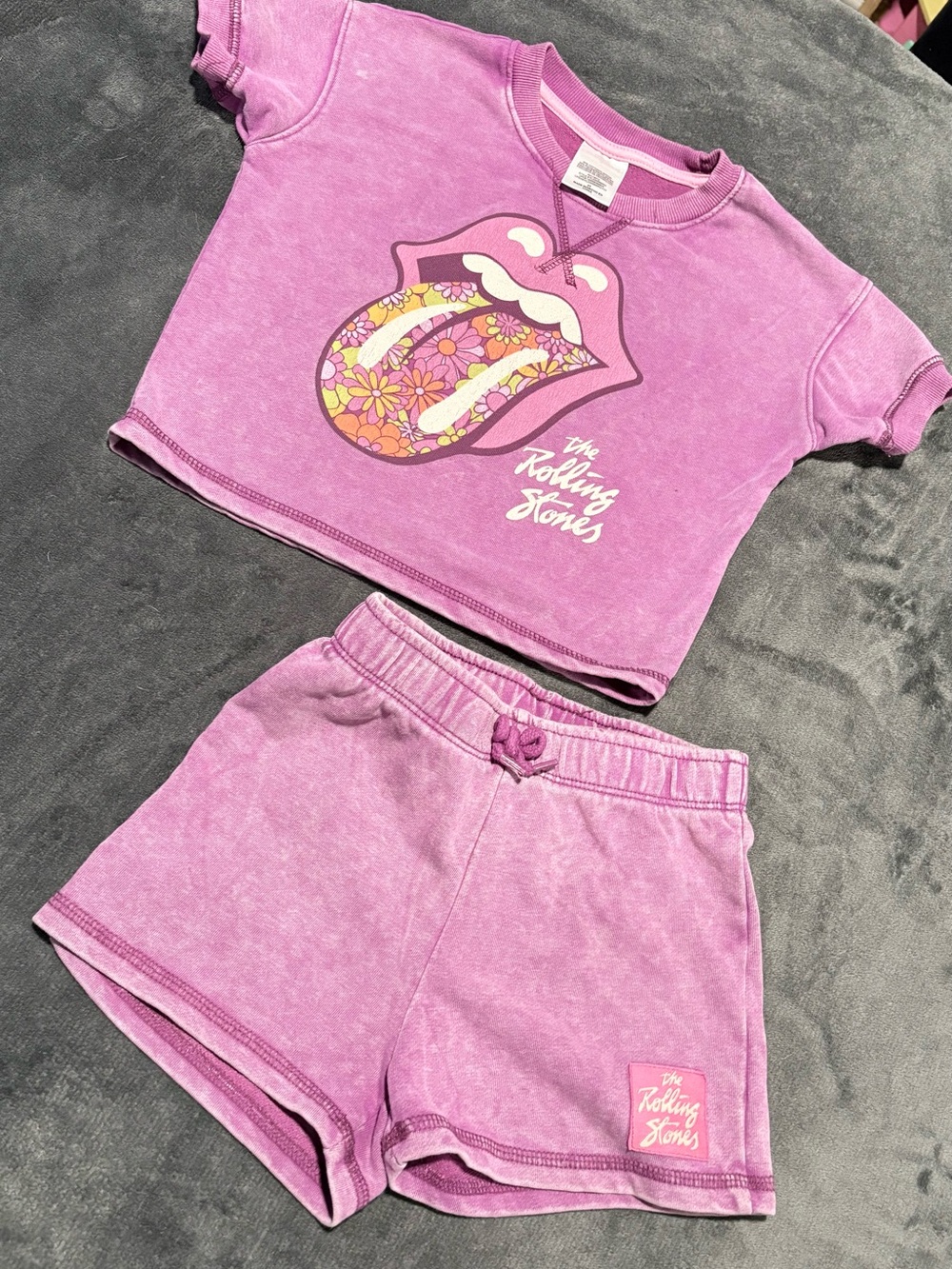 the Rolling Stones Kids Purple Floral Tongue Short Pajama Set